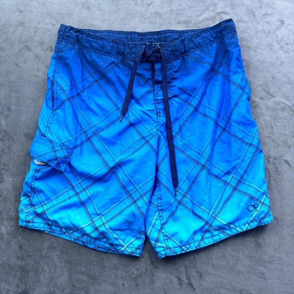 OP Ocean Pacific Mens Blue Plaid Swim Trunks Board Shorts Large 36-38